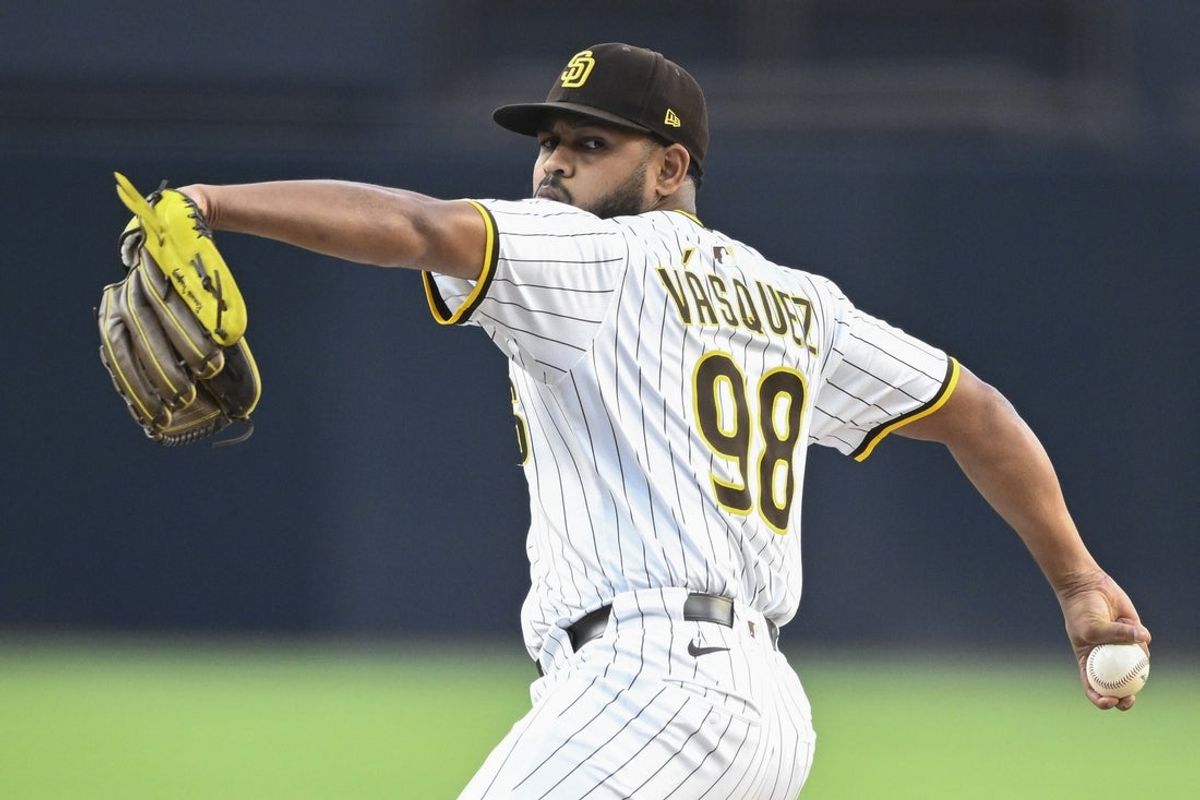 Jul 10, 2025; San Diego, California, USA; San Diego Padres starting pitcher Randy Vasquez (98) delivers during the first inning against the Arizona Diamondbacks at Petco Park. Mandatory Credit: Denis Poroy-Imagn Images a