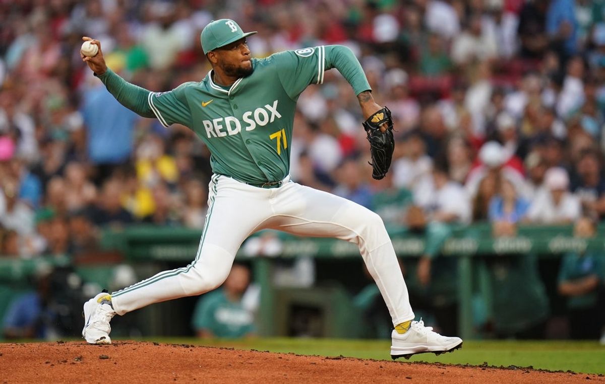 Jul 11, 2025; Boston, Massachusetts, USA; Boston Red Sox pitcher Jorge Alcala (71) throws a pitch against the Tampa Bay Rays in the second inning at Fenway Park. Mandatory Credit: David Butler II-Imagn Images