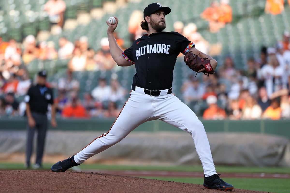 Jul 11, 2025; Baltimore, Maryland, USA; Baltimore Orioles pitcher Dean Kremer (64) throws during the first inning against the Miami Marlins at Oriole Park at Camden Yards. Mandatory Credit: Daniel Kucin Jr.-Imagn Images