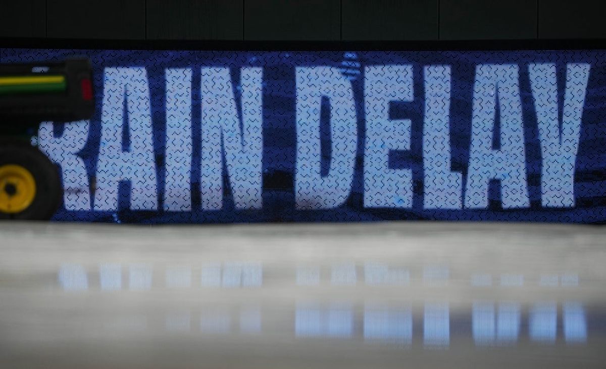 Jul 11, 2025; Kansas City, Missouri, USA; A general view of the field with tarp on during a rain delay prior to a game between the Kansas City Royals and New York Mets at Kauffman Stadium. Mandatory Credit: Denny Medley-Imagn Images