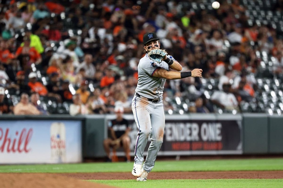 Jul 11, 2025; Baltimore, Maryland, USA; Miami Marlins third baseman Connor Norby (1) throws to first for an out during the sixtth inning against the Baltimore Orioles at Oriole Park at Camden Yards. Mandatory Credit: Daniel Kucin Jr.-Imagn Images