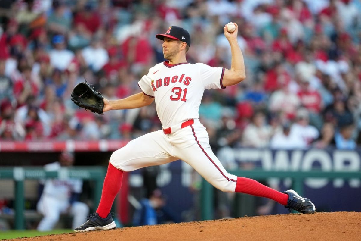 Jul 11, 2025; Anaheim, California, USA; Los Angeles Angels starting pitcher Tyler Anderson (31) throws in the third inning against the Arizona Diamondbacks at Angel Stadium. Mandatory Credit: Kirby Lee-Imagn Images