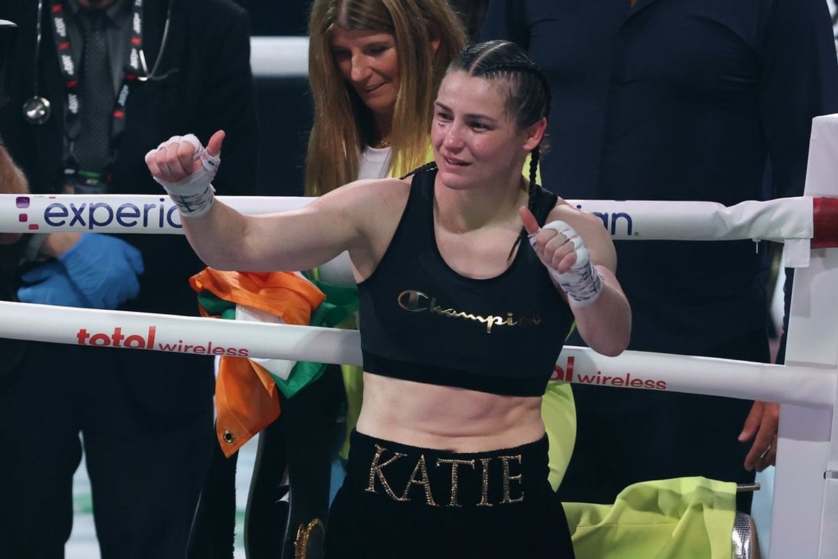Jul 11, 2025; New York, New York, UNITED STATES; Katie Taylor gestures to fans after defeating Amanda Serrano in the undisputed super lightweight championship boxing bout at Madison Square Garden. Mandatory Credit: Vincent Carchietta-Imagn Images
