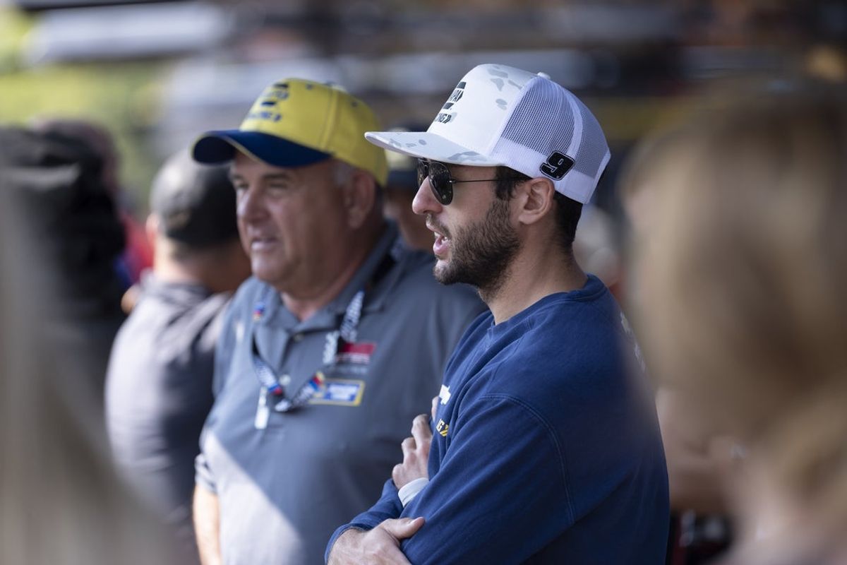 Jul 12, 2025; Sonoma, California, USA; NASCAR Cup Series driver Chase Elliott (9) speaks to fans before the start of Cup Practice at Sonoma Raceway. Mandatory Credit: Stan Szeto-Imagn Images