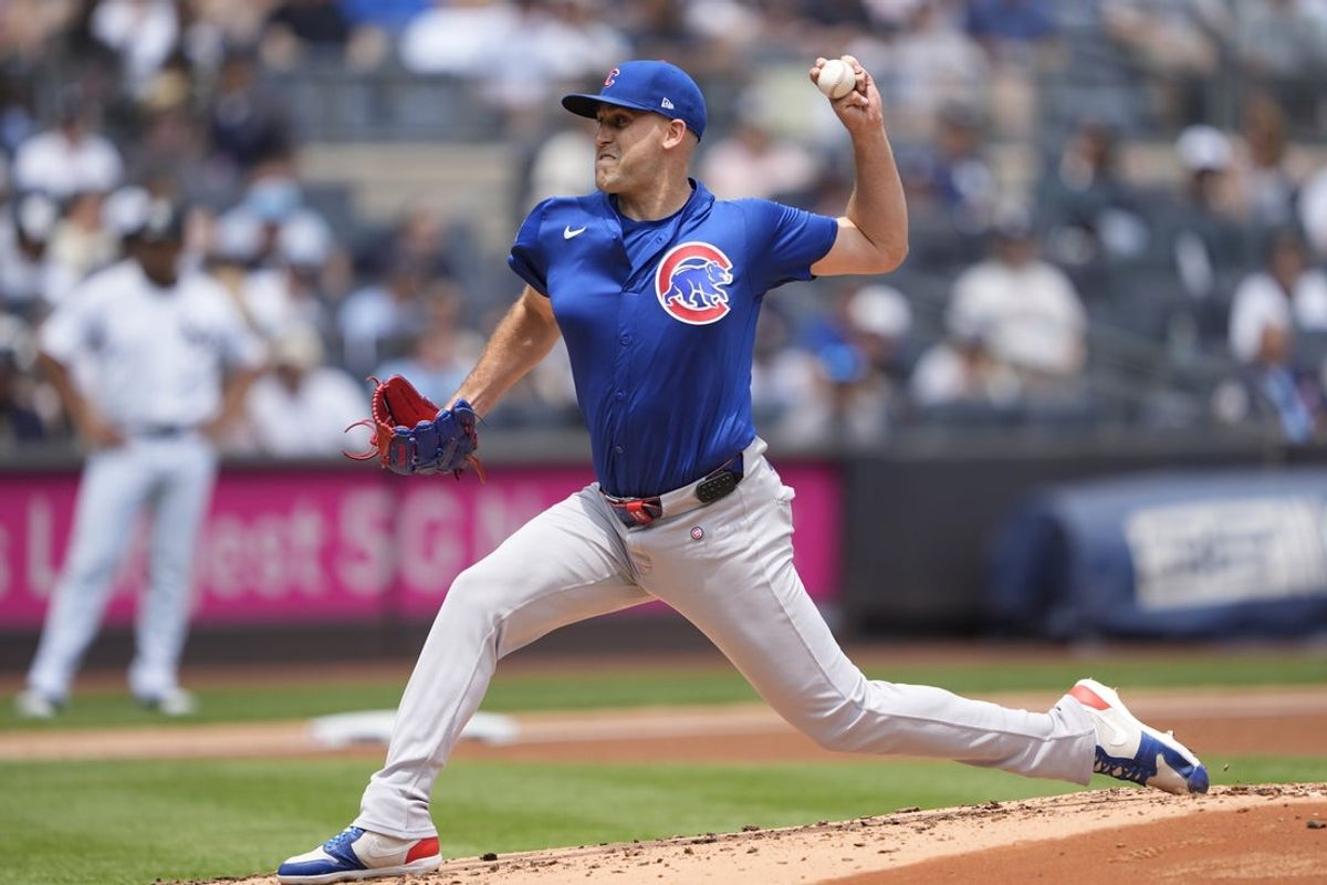 Jul 12, 2025; Bronx, New York, USA; Chicago Cubs pitcher Matthew Boyd (16) delivers a pitch against the New York Yankees during the first inning at Yankee Stadium. Mandatory Credit: Gregory Fisher-Imagn Images