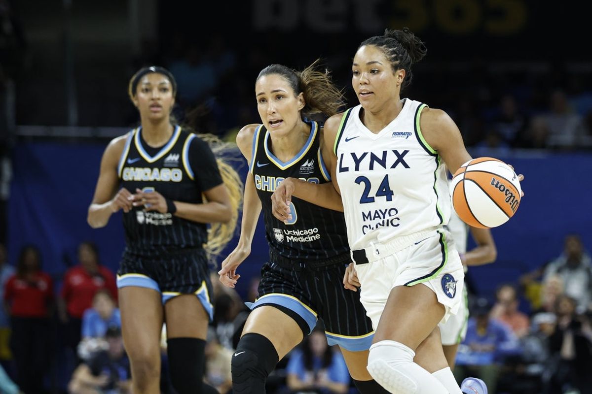 Jul 12, 2025; Chicago, Illinois, USA; Minnesota Lynx forward Napheesa Collier (24) drives to the basket against the Chicago Sky during the first half of a WNBA game at Wintrust Arena. Mandatory Credit: Kamil Krzaczynski-Imagn Images