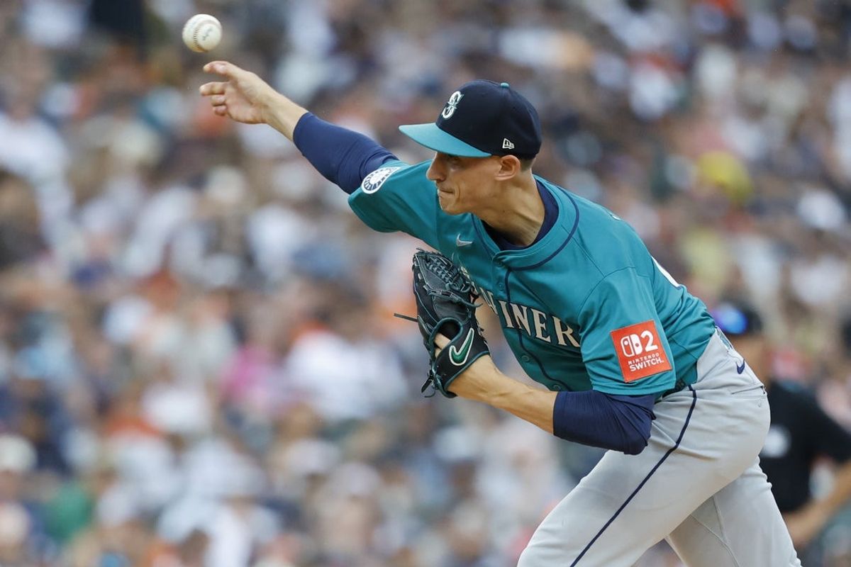Jul 12, 2025; Detroit, Michigan, USA; Seattle Mariners pitcher George Kirby (68) pitches in the first inning against the Detroit Tigers at Comerica Park. Mandatory Credit: Rick Osentoski-Imagn Images