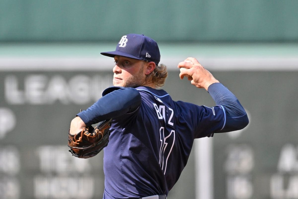 Jul 12, 2025; Boston, Massachusetts, USA;  Tampa Bay Rays starting pitcher Shane Baz (11) pitches against the Boston Red Sox during the first inning at Fenway Park. Mandatory Credit: Eric Canha-Imagn Images