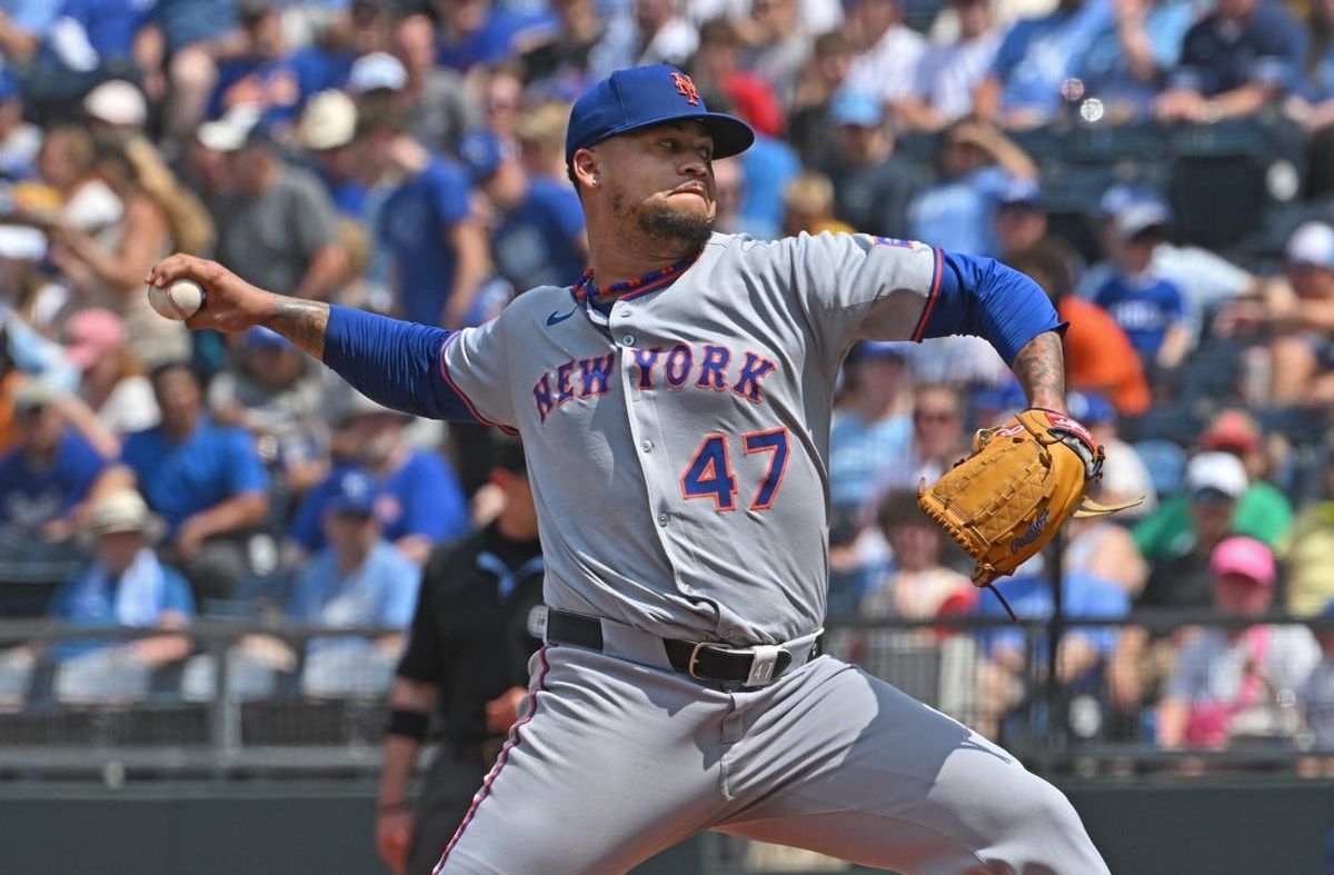 Jul 12, 2025; Kansas City, Missouri, USA;  New York Mets starting pitcher Frankie Montas (47) throws a pitch in the first inning against the Kansas City Royals at Kauffman Stadium. Mandatory Credit: Peter Aiken-Imagn Images