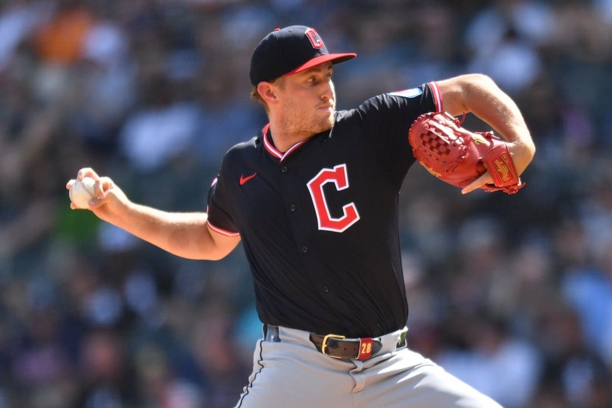 Jul 12, 2025; Chicago, Illinois, USA; Cleveland Guardians starting pitcher Tanner Bibee (28) pitches during the first inning against the Chicago White Sox at Rate Field. Mandatory Credit: Patrick Gorski-Imagn Images