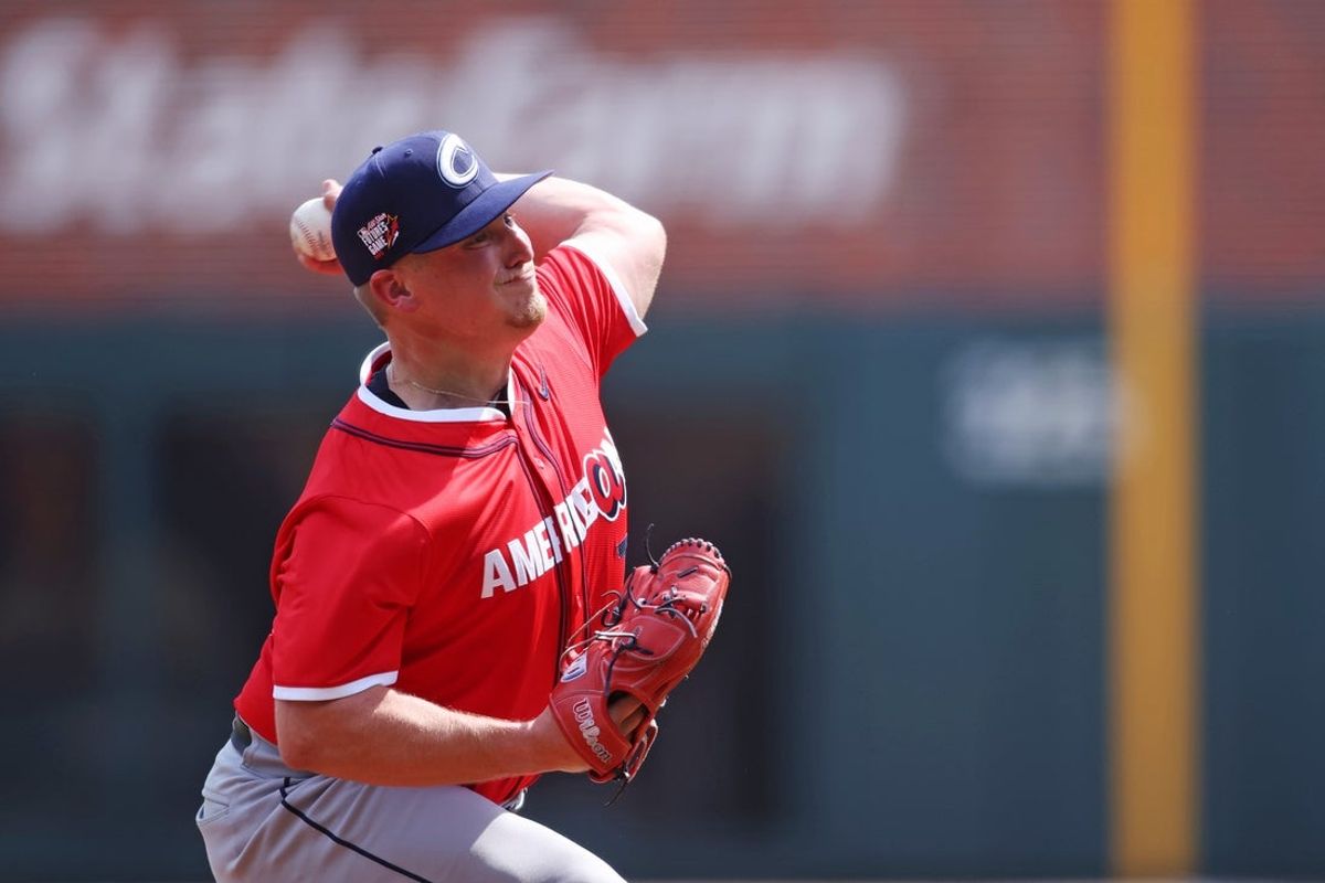 Jul 12, 2025; Atlanta, GA, USA;  American League pitcher Parker Messick (26) of the Cleveland Guardians pitches during the second inning against National League at Truist Park. Mandatory Credit: Brett Davis-Imagn Images