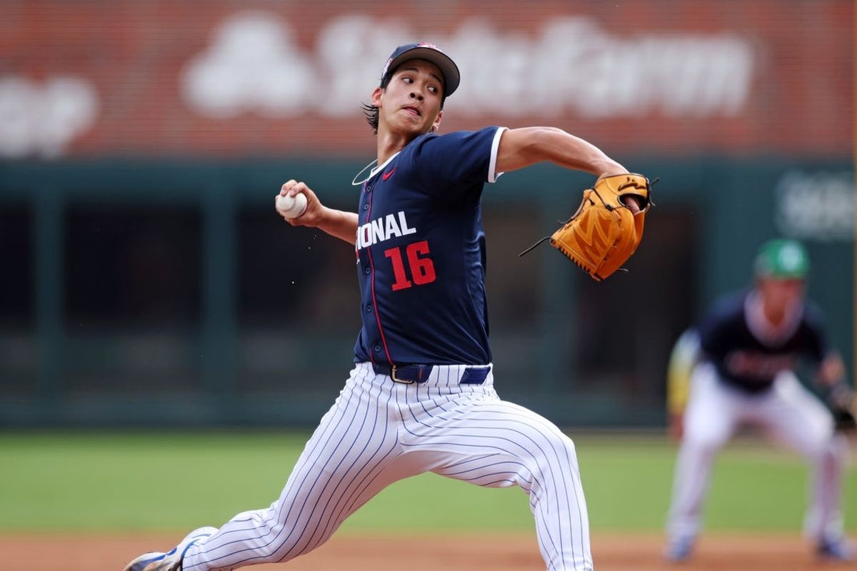 Jul 12, 2025; Atlanta, GA, USA;  National League pitcher Jonah Tong (16) throws a pitch during the second inning against American League at Truist Park. Mandatory Credit: Brett Davis-Imagn Images