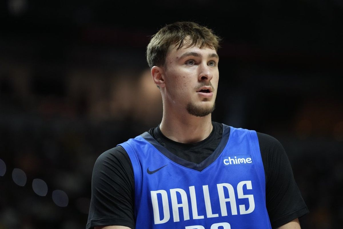 Jul 12, 2025; Las Vegas, NV, USA; Dallas Mavericks forward Cooper Flagg (32) looks on against the San Antonio Spurs in the second quarter of their game at Thomas & Mack Center. Mandatory Credit: Candice Ward-Imagn Images