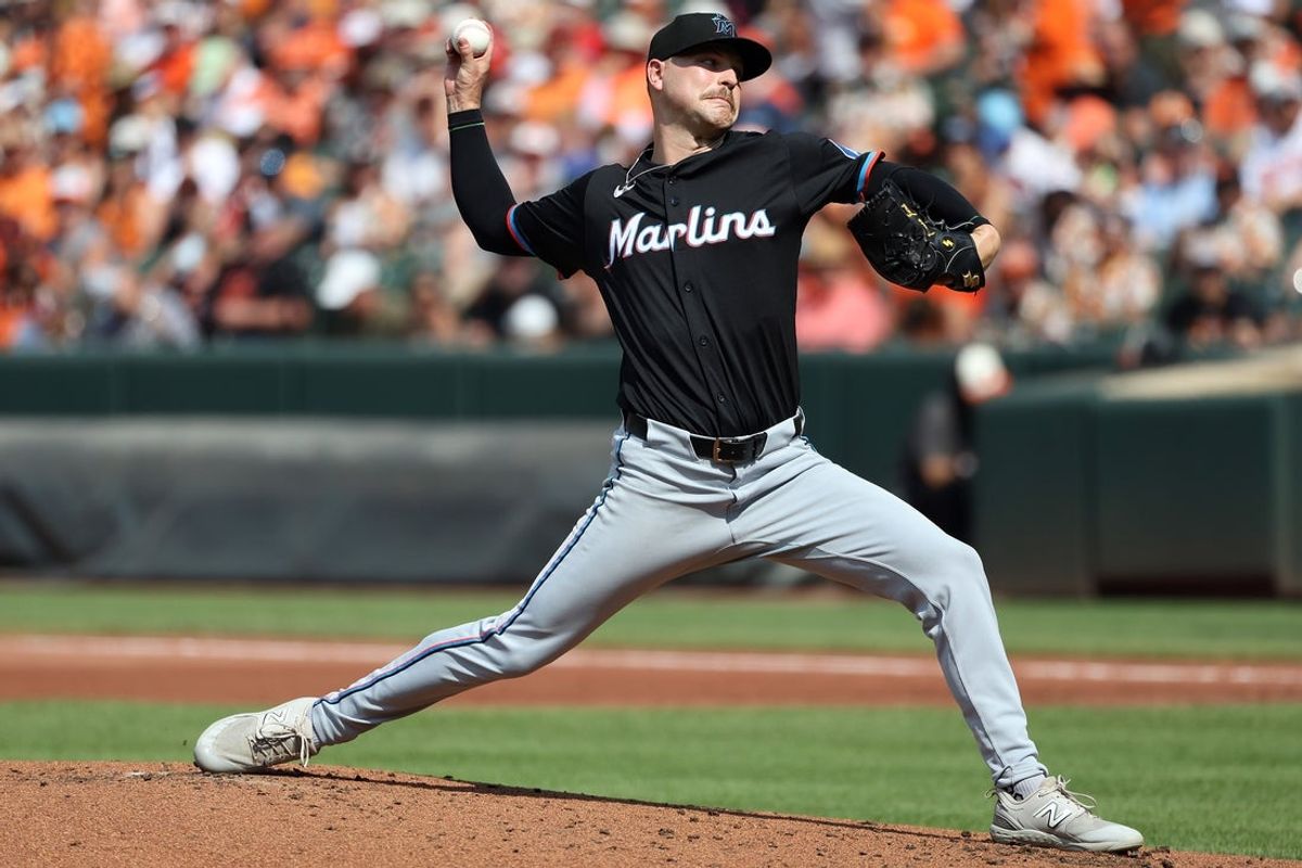 Jul 12, 2025; Baltimore, Maryland, USA; Miami Marlins pitcher Janson Junk (26) throws during the first inning against the Baltimore Orioles at Oriole Park at Camden Yards. Mandatory Credit: Daniel Kucin Jr.-Imagn Images