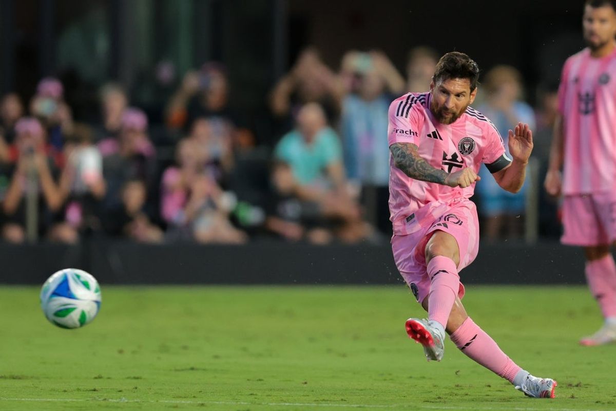 Jul 12, 2025; Fort Lauderdale, Florida, USA; Inter Miami CF forward Lionel Messi (10) scores a goal against Nashville SC during the first half at Chase Stadium. Mandatory Credit: Sam Navarro-Imagn Images