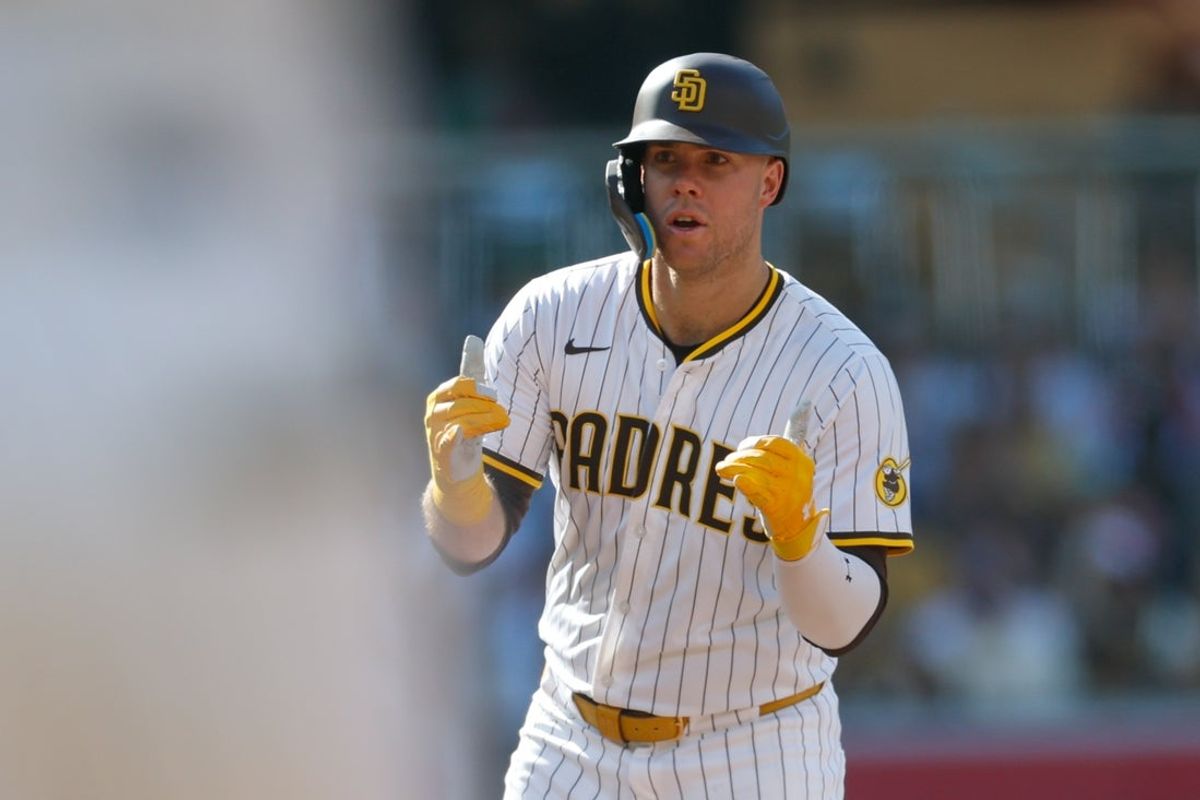 Jul 12, 2025; San Diego, California, USA; San Diego Padres left fielder Gavin Sheets (30) celebrates after hitting a double during the second inning against the Philadelphia Phillies at Petco Park. Mandatory Credit: David Frerker-Imagn Images