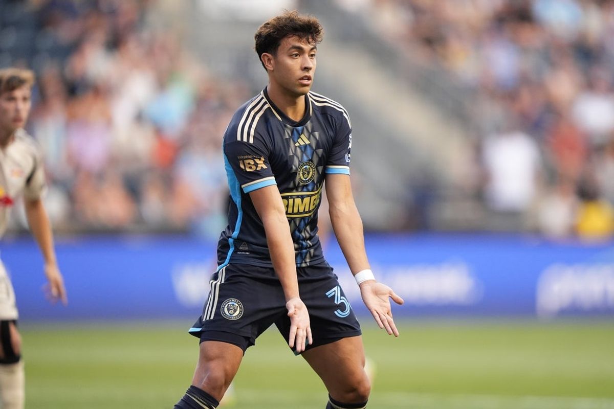 Jul 12, 2025; Chester, Pennsylvania, USA; Philadelphia Union midfielder Quinn Sullivan (33) calls for a pass against the New York Red Bulls in the first half at Subaru Park. Mandatory Credit: Kyle Ross-Imagn Images