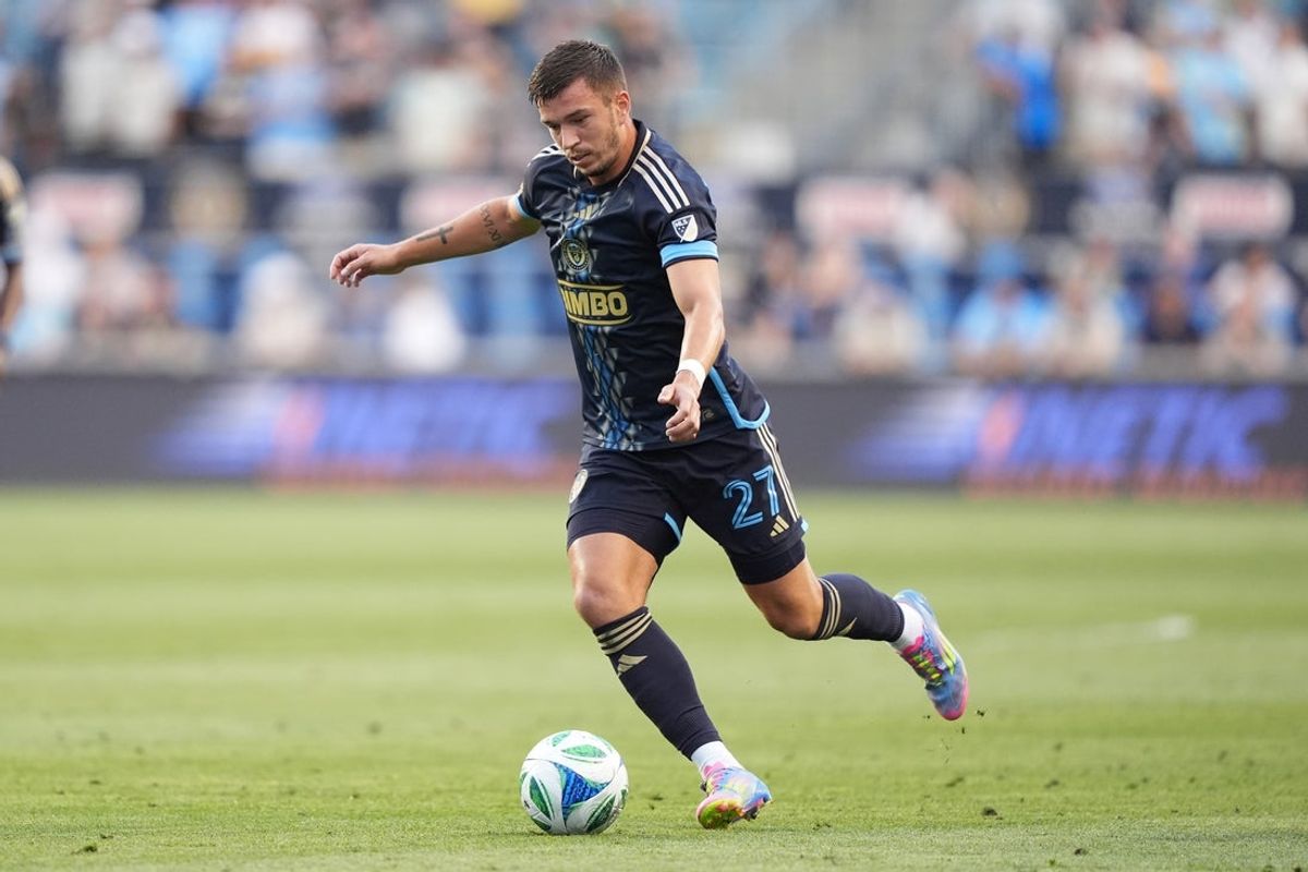 Jul 12, 2025; Chester, Pennsylvania, USA; Philadelphia Union defender Kai Wagner (27) controls the ball against the New York Red Bulls in the first half at Subaru Park. Mandatory Credit: Kyle Ross-Imagn Images