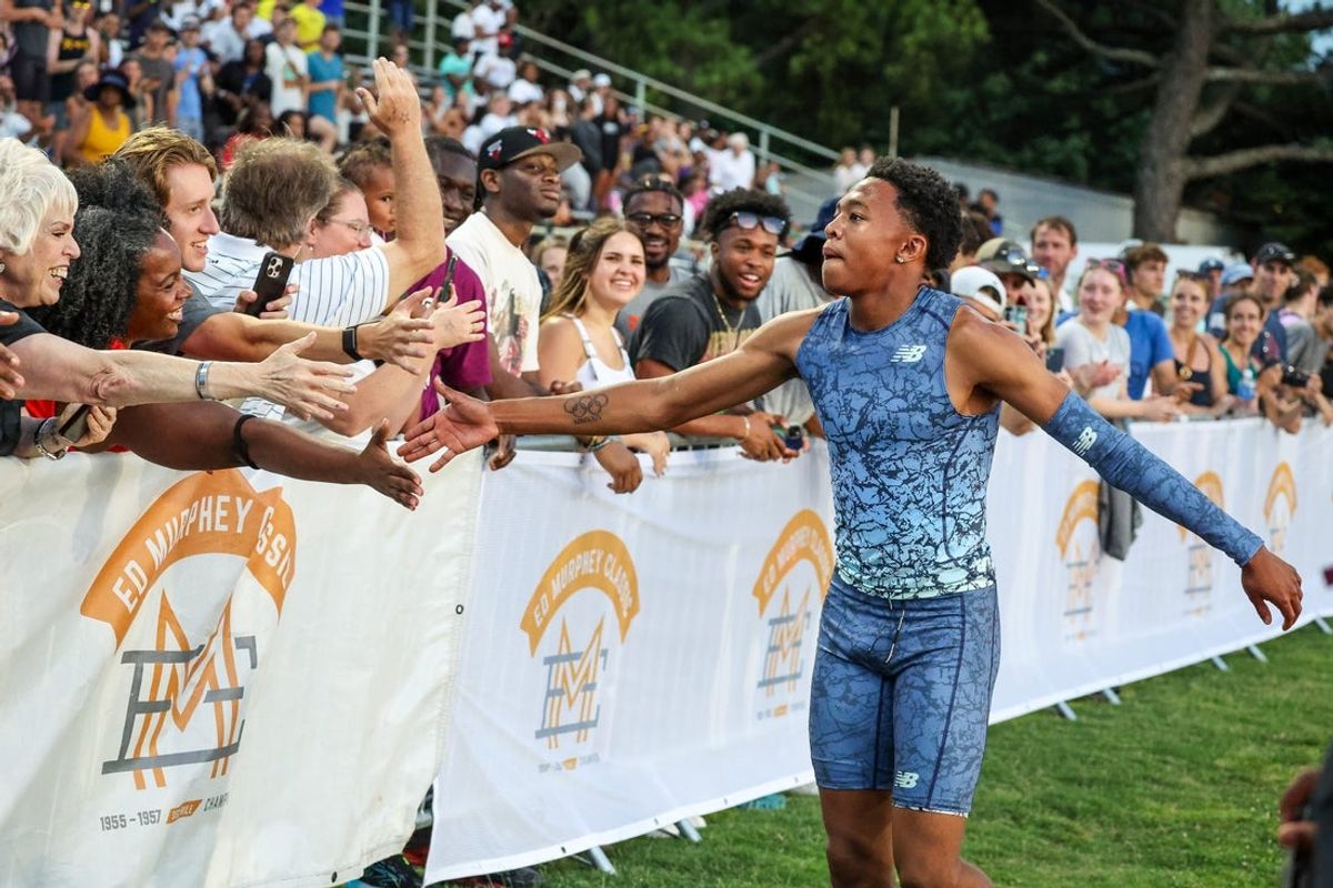 Jul 12, 2025; Memphis, TN, USA; Quincy Wilson wins the Men 400 meter during the Ed Murphey Classic at University of Memphis. Mandatory Credit: Wesley Hale-Imagn Images