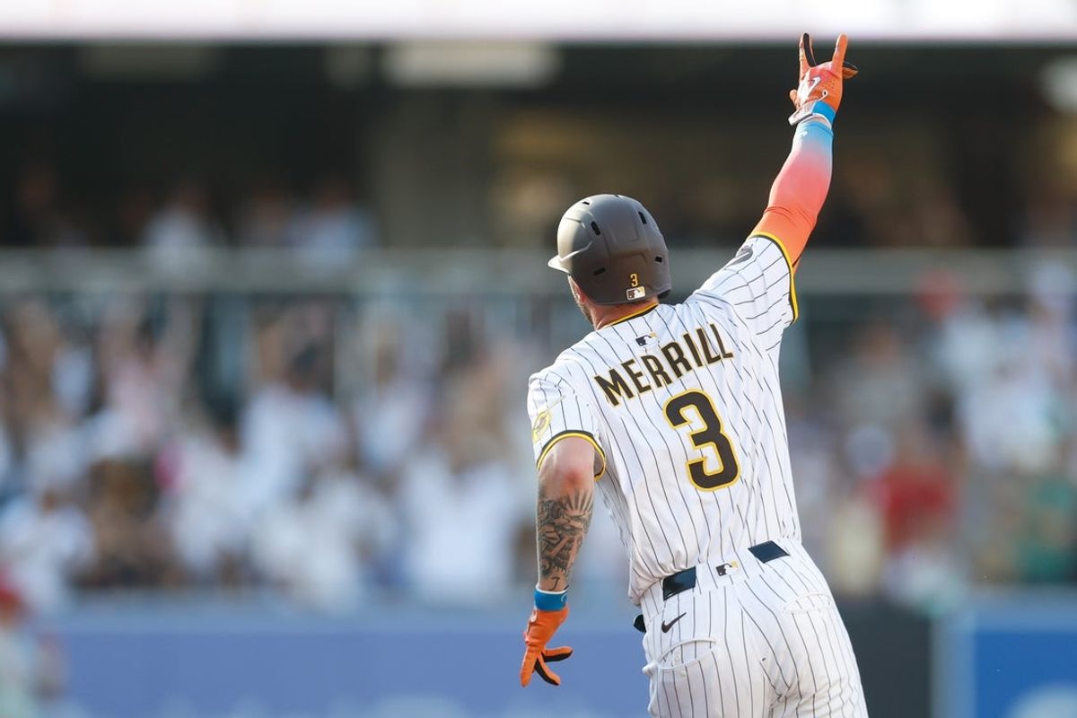 Jul 12, 2025; San Diego, California, USA; San Diego Padres center fielder Jackson Merrill (3) celebrates after hitting a home run during the sixth inning against the Philadelphia Phillies at Petco Park. Mandatory Credit: David Frerker-Imagn Images