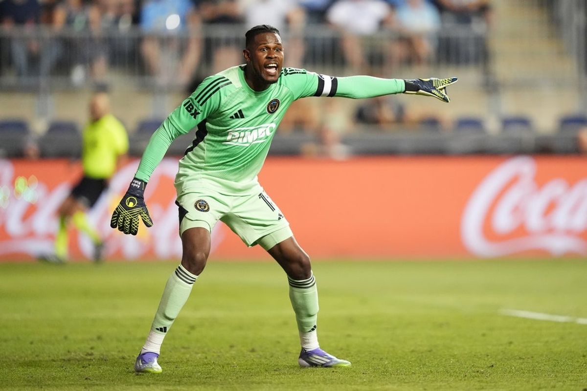 Jul 12, 2025; Chester, Pennsylvania, USA; Philadelphia Union keeper Andre Blake (18) defends the net against the New York Red Bulls in the second half at Subaru Park. Mandatory Credit: Kyle Ross-Imagn Images