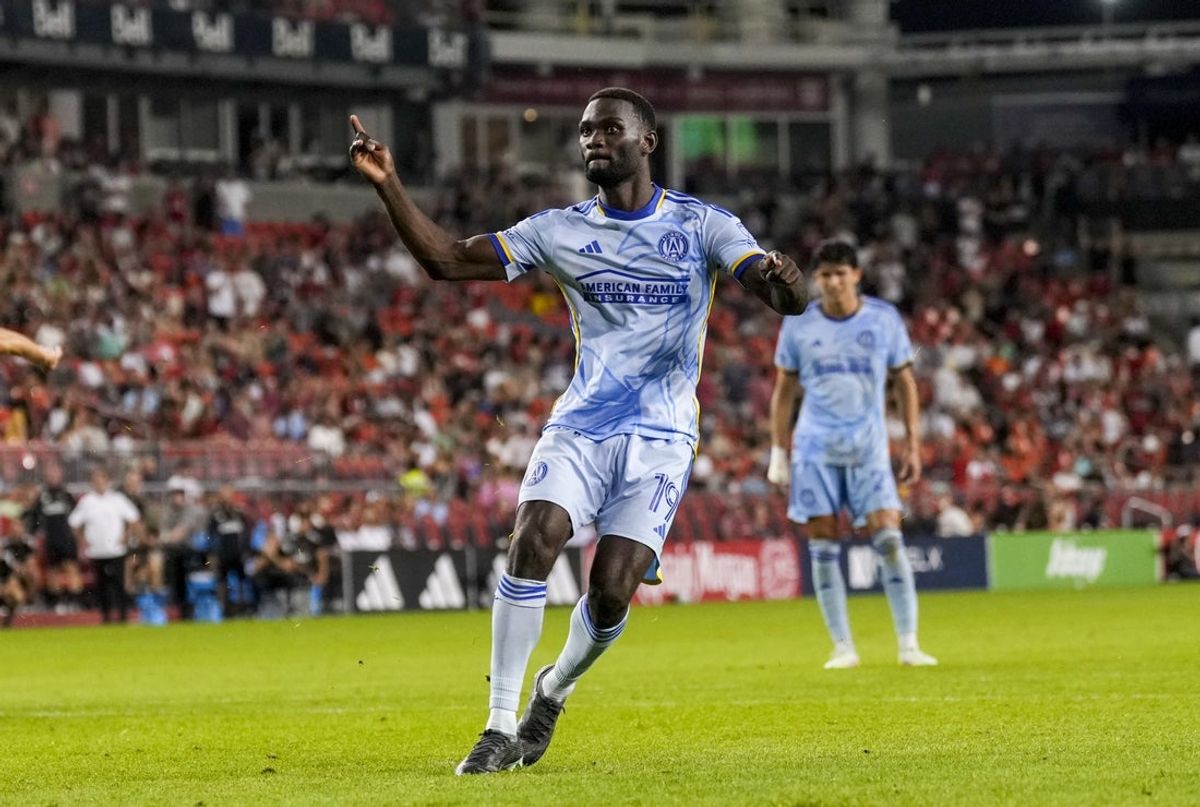 Jul 12, 2025; Toronto, Ontario, CAN; Atlanta United forward Emmanuel Latte Lath (19) celebrates scoring against Toronto FC during the second half at BMO Field. Mandatory Credit: Kevin Sousa-Imagn Images
