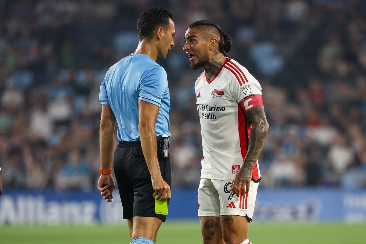 Jul 12, 2025; Saint Paul, Minnesota, USA; San Jose Earthquakes forward Cristian Arango (9) argues with referee Ismir Pekmic during the second half against the Minnesota United at Allianz Field. Mandatory Credit: Matt Krohn-Imagn Images