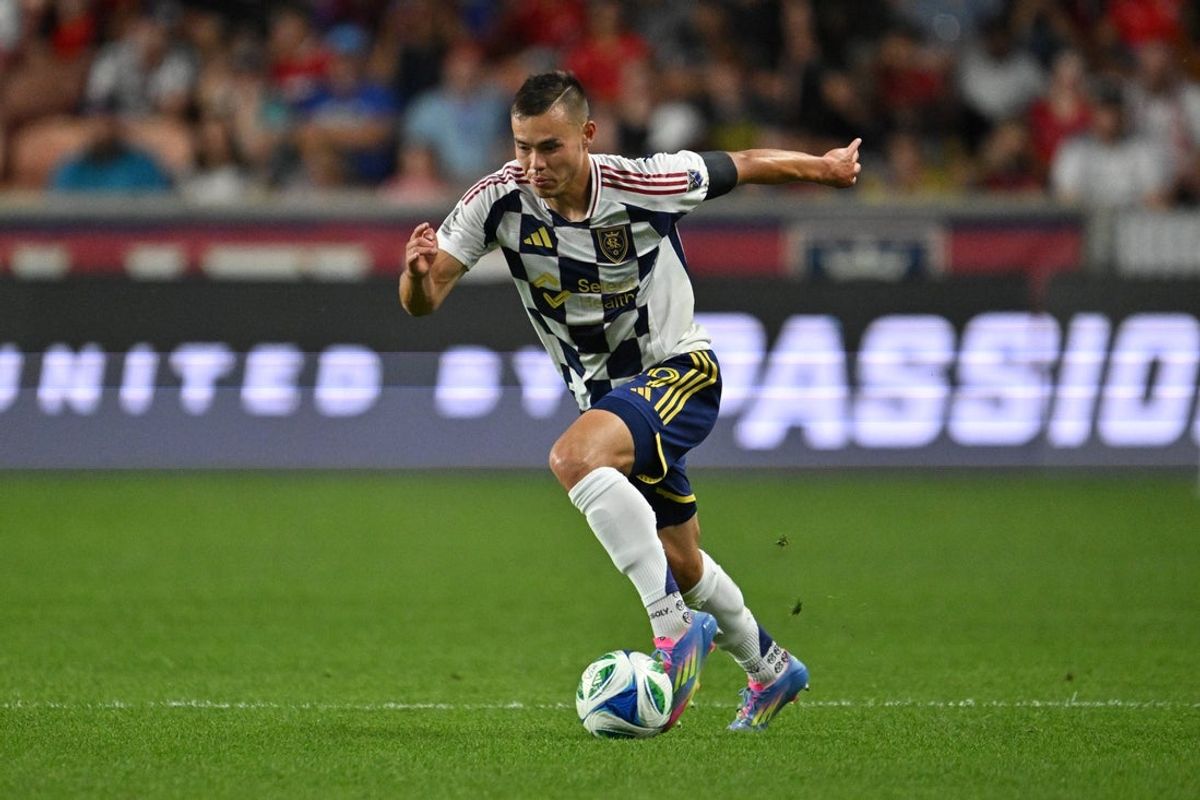 Jul 12, 2025; Sandy, Utah, USA;  Real Salt Lake defender Sam Junqua (29) controls the ball in the second half against Houston Dynamo FC at America First Field. Mandatory Credit: Jamie Sabau-Imagn Images