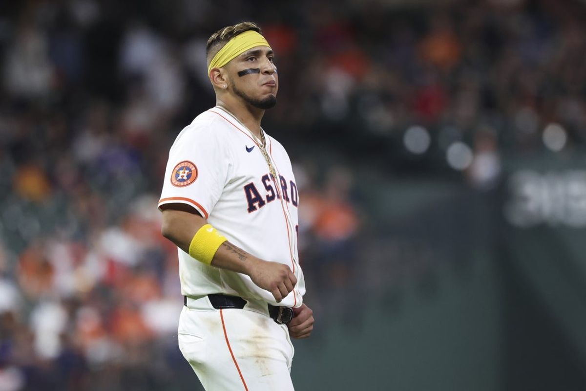 Jul 8, 2025; Houston, Texas, USA; Houston Astros third baseman Isaac Paredes (15) stands on the field after a play during the game against the Cleveland Guardians at Daikin Park. Mandatory Credit: Troy Taormina-Imagn Images