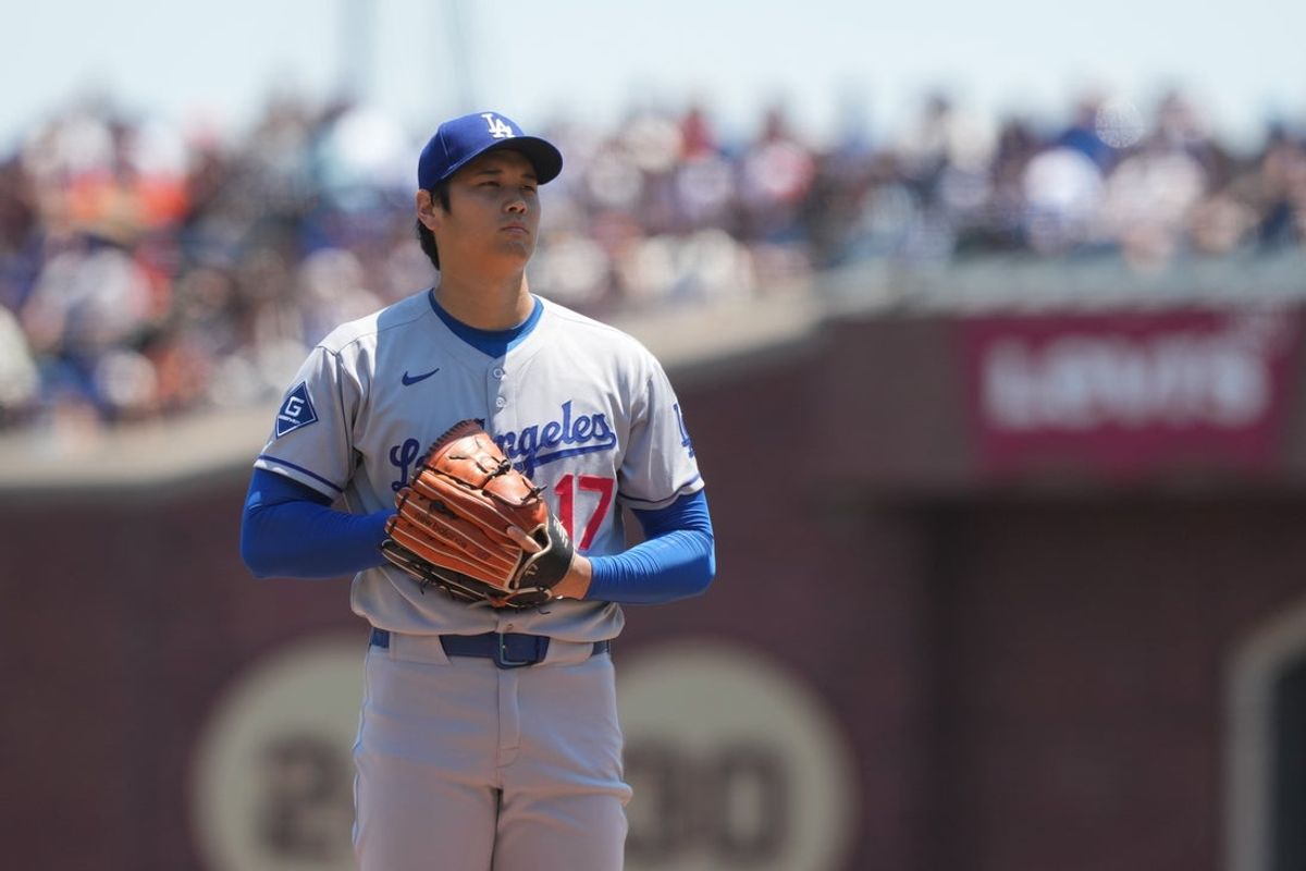 Jul 12, 2025; San Francisco, California, USA; Los Angeles Dodgers starting pitcher Shohei Ohtani (17) stands on the mound during the first inning against the San Francisco Giants at Oracle Park. Mandatory Credit: Darren Yamashita-Imagn Images