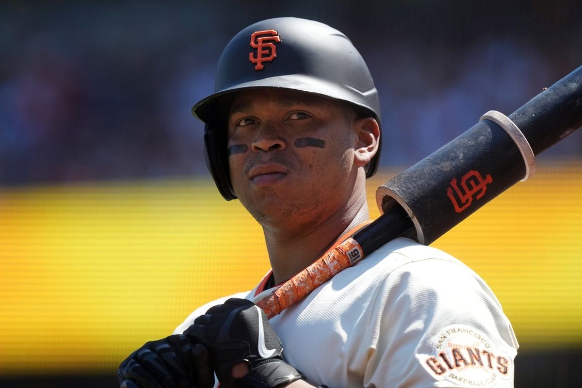 Jul 12, 2025; San Francisco, California, USA; San Francisco Giants designated hitter Rafael Devers (16) during the eighth inning against the Los Angeles Dodgers at Oracle Park. Mandatory Credit: Darren Yamashita-Imagn Images