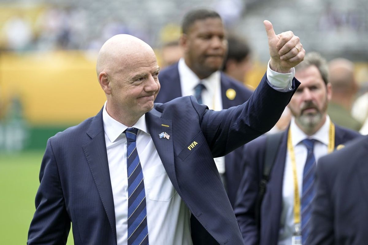 Jul 13, 2025; East Rutherford, New Jersey, USA; FIFA president Gianni Infantino reacts before the match during the final of the 2025 FIFA Club World Cup at MetLife Stadium. Mandatory Credit: Mark Smith-Imagn Images
