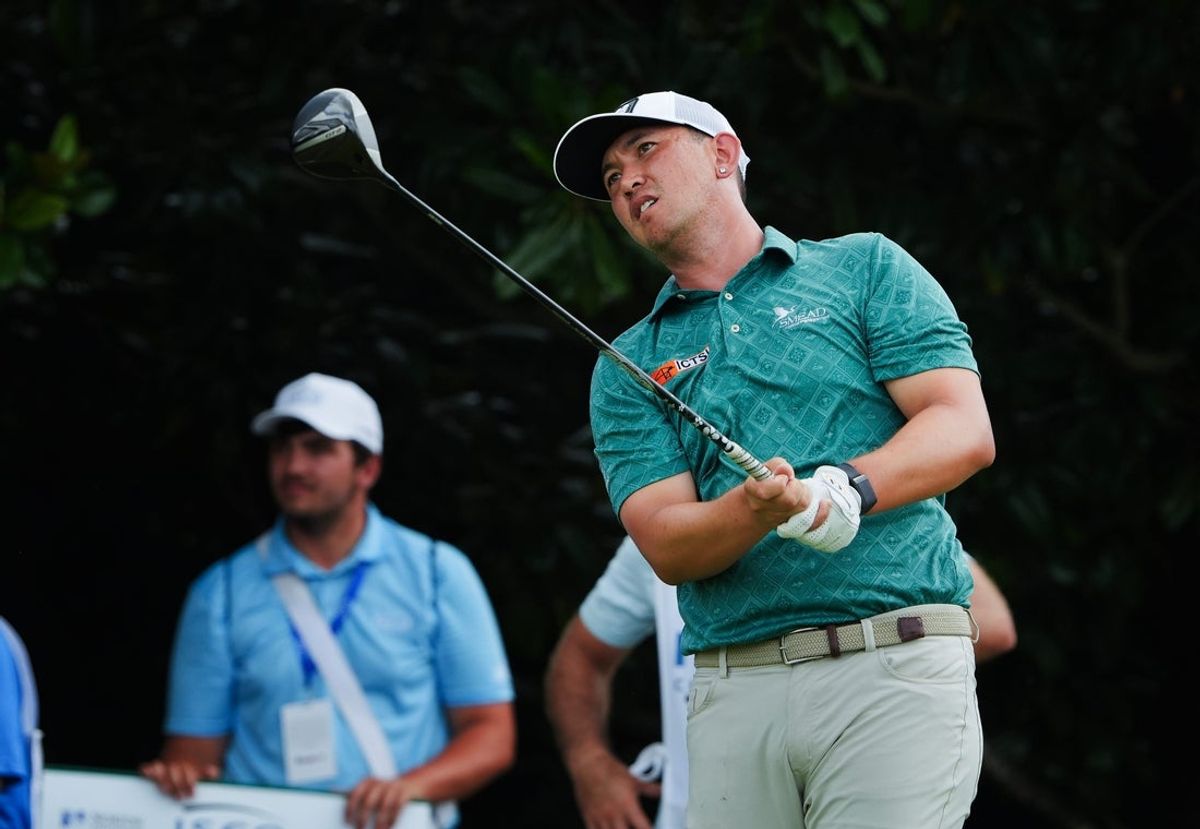 Rico Hoey watches his shot as he tees off on the 3rd hole during the fourth round of the ISCO Championship golf tournament at the Hurstbourne Country Club in Louisville, Ky. on July 13, 2025.