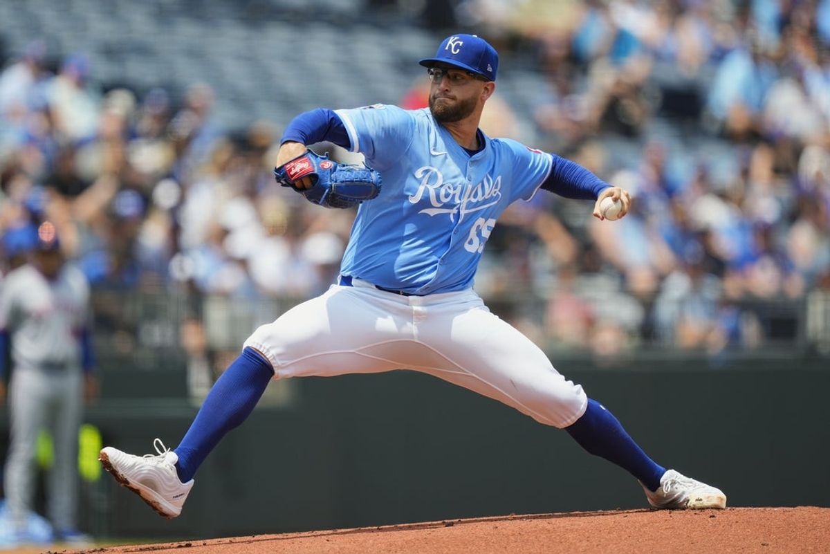 Jul 13, 2025; Kansas City, Missouri, USA; Kansas City Royals starting pitcher Noah Cameron (65) pitches during the first inning against the New York Mets at Kauffman Stadium. Mandatory Credit: Jay Biggerstaff-Imagn Images