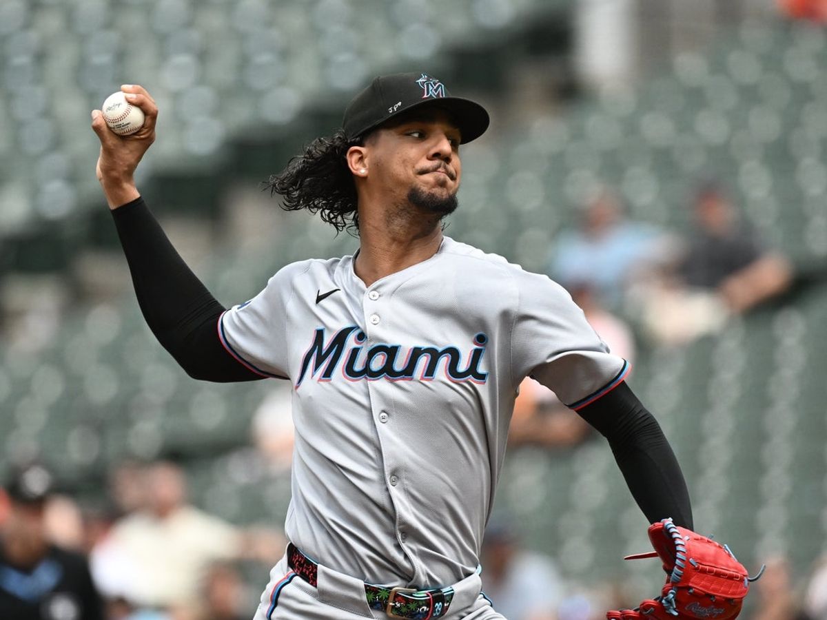 Jul 13, 2025; Baltimore, Maryland, USA;  Miami Marlins starting pitcher Eury Perez (39) delivers a pitch during the first inning against the Baltimore Orioles at Oriole Park at Camden Yards. Mandatory Credit: James A. Pittman-Imagn Images