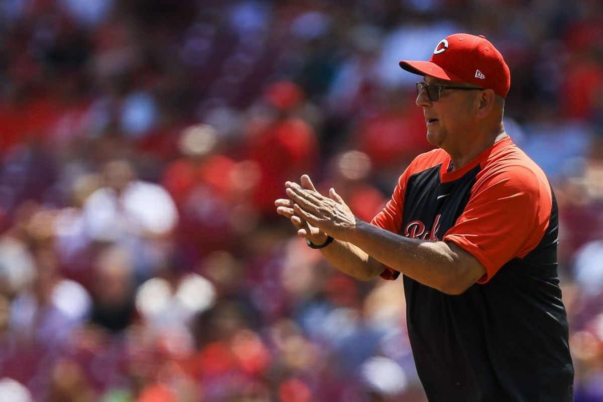 Jul 13, 2025; Cincinnati, Ohio, USA; Cincinnati Reds manager Terry Francona (77) walks on the field during a pitching change in the sixth inning against the Colorado Rockies at Great American Ball Park. Mandatory Credit: Katie Stratman-Imagn Images