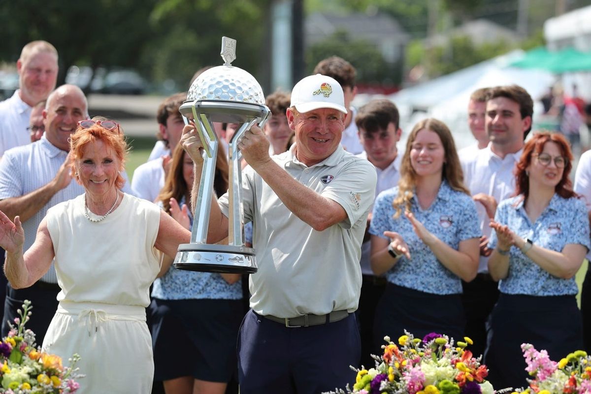 Steve Allan celebrates after winning in the Dick's Sporting Goods Open title on July 13, 2025 at En-Joie Golf Club in Endicott. It is Allan's second PGA Tour Champions victory.