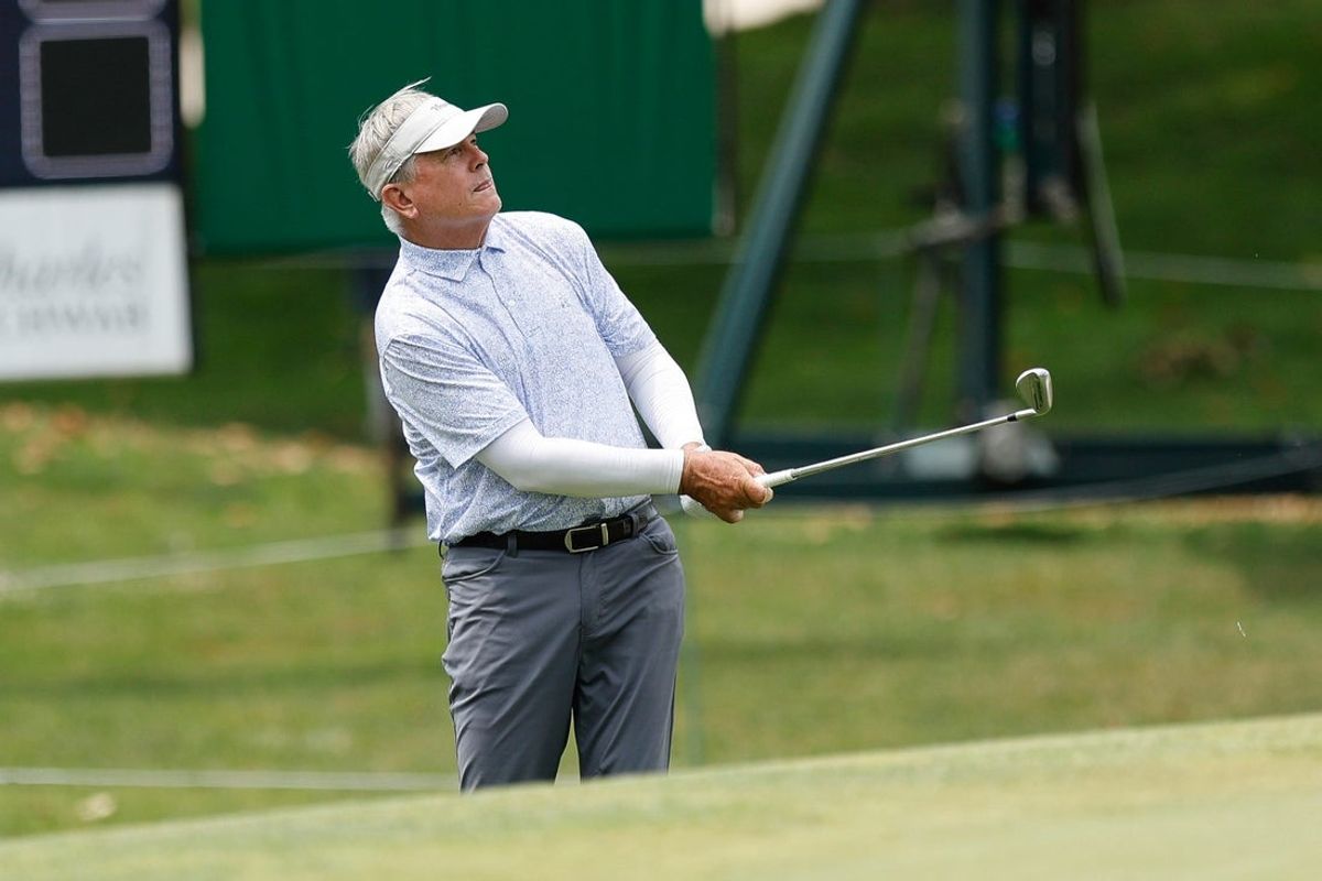 Paul Goydos watches his ball during the final round of the Dick's Sporting Goods Open on July 13, 2025 at En-Joie Golf Club in Endicott, NY.
