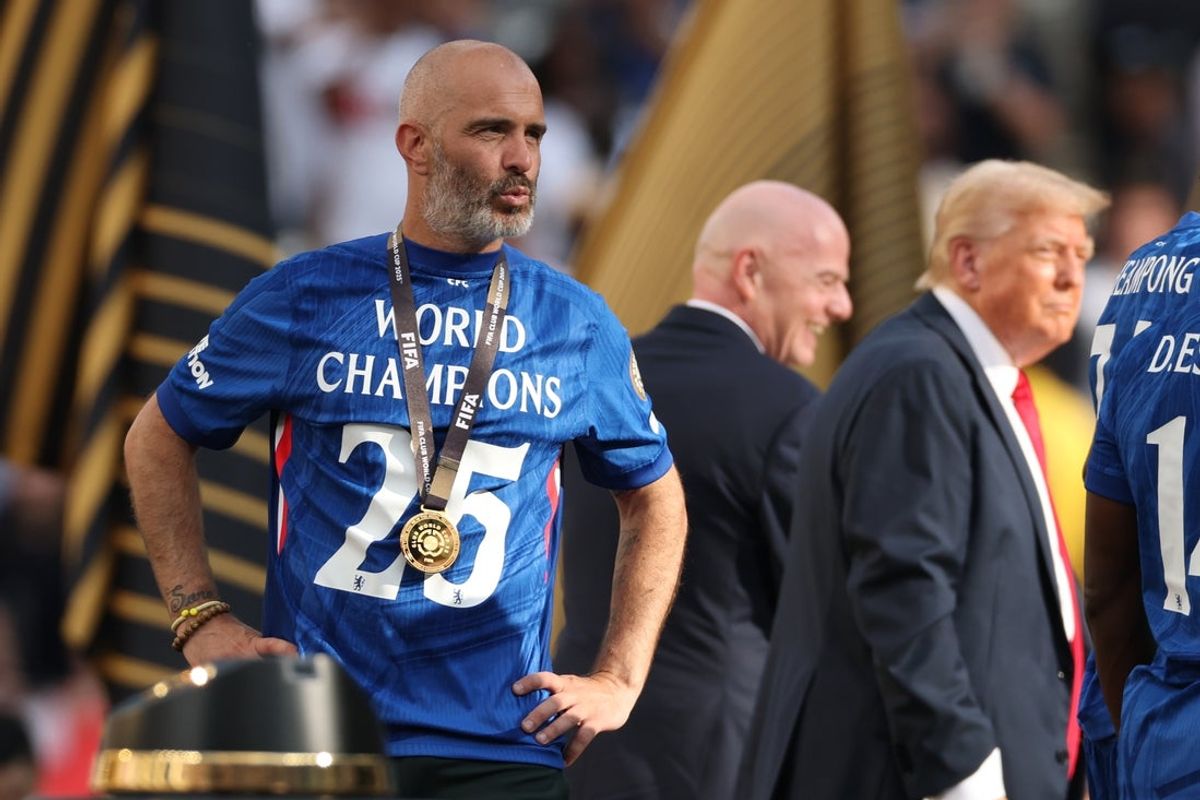 Jul 13, 2025; East Rutherford, New Jersey, USA; Chelsea FC head coach Enzo Maresca reacts on stage during the final of the 2025 FIFA Club World Cup at MetLife Stadium. Mandatory Credit: Vincent Carchietta-Imagn Images