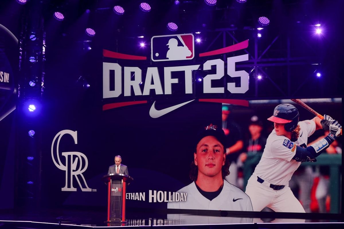 Jul 13, 2025; Atlanta, GA, USA; Ethan Holliday is drafted by the Colorado Rockies with the fourth pick during the first round of the MLB Draft at The Coca-Cola Roxy. Mandatory Credit: Brett Davis-Imagn Images