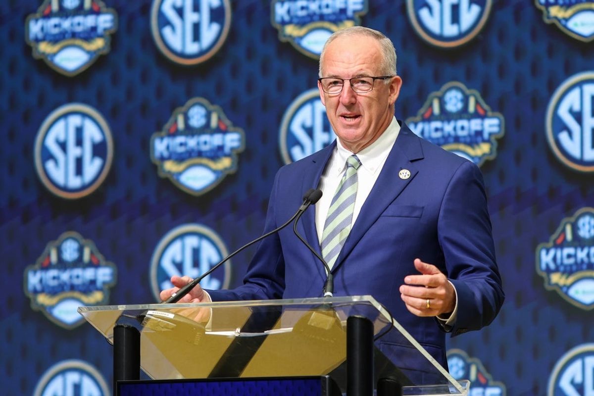 Jul 16, 2025; Atlanta, GA, USA; SEC commissioner Greg Sankey speaks to the media during the SEC Media Day at Omni Atlanta Hotel. Mandatory Credit: Jordan Godfree-Imagn Images