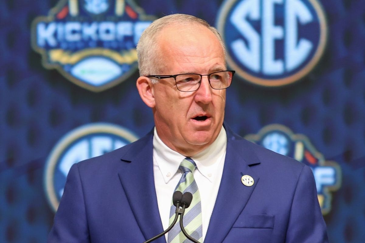 Jul 16, 2025; Atlanta, GA, USA; SEC commissioner Greg Sankey speaks to the media during the SEC Media Day at Omni Atlanta Hotel. Mandatory Credit: Jordan Godfree-Imagn Images