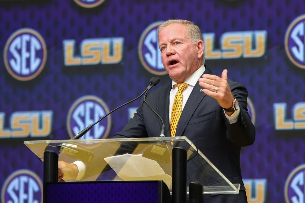Jul 16, 2025; Atlanta, GA, USA; LSU Tigers head coach Brian Kelly talks to the media during SEC Media Day at Omni Atlanta Hotel. Mandatory Credit: Jordan Godfree-Imagn Images