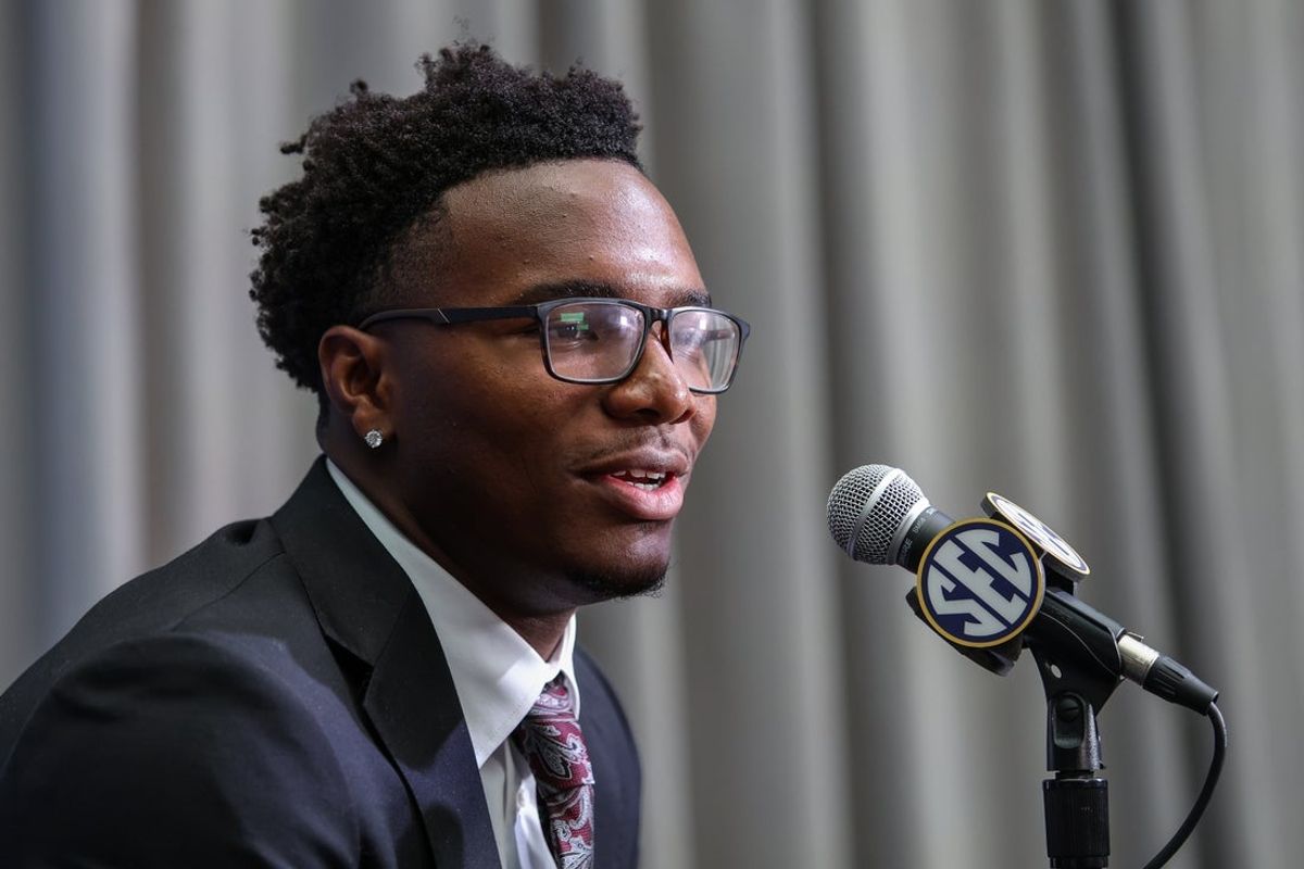 Jul 14, 2025; Atlanta, GA, USA; South Carolina Gamecocks quarterback LaNorris Sellers answers media questions during SEC Media Day at Omni Atlanta Hotel. Mandatory Credit: Jordan Godfree-Imagn Images