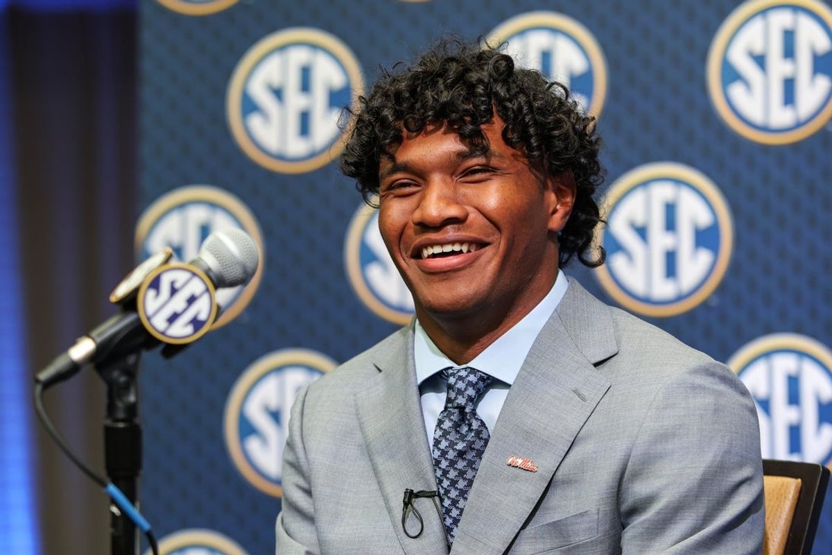 Jul 14, 2025; Atlanta, GA, USA; Ole Miss Rebels quarterback Austin Simmons answers media questions during SEC Media Day at Omni Atlanta Hotel. Mandatory Credit: Jordan Godfree-Imagn Images