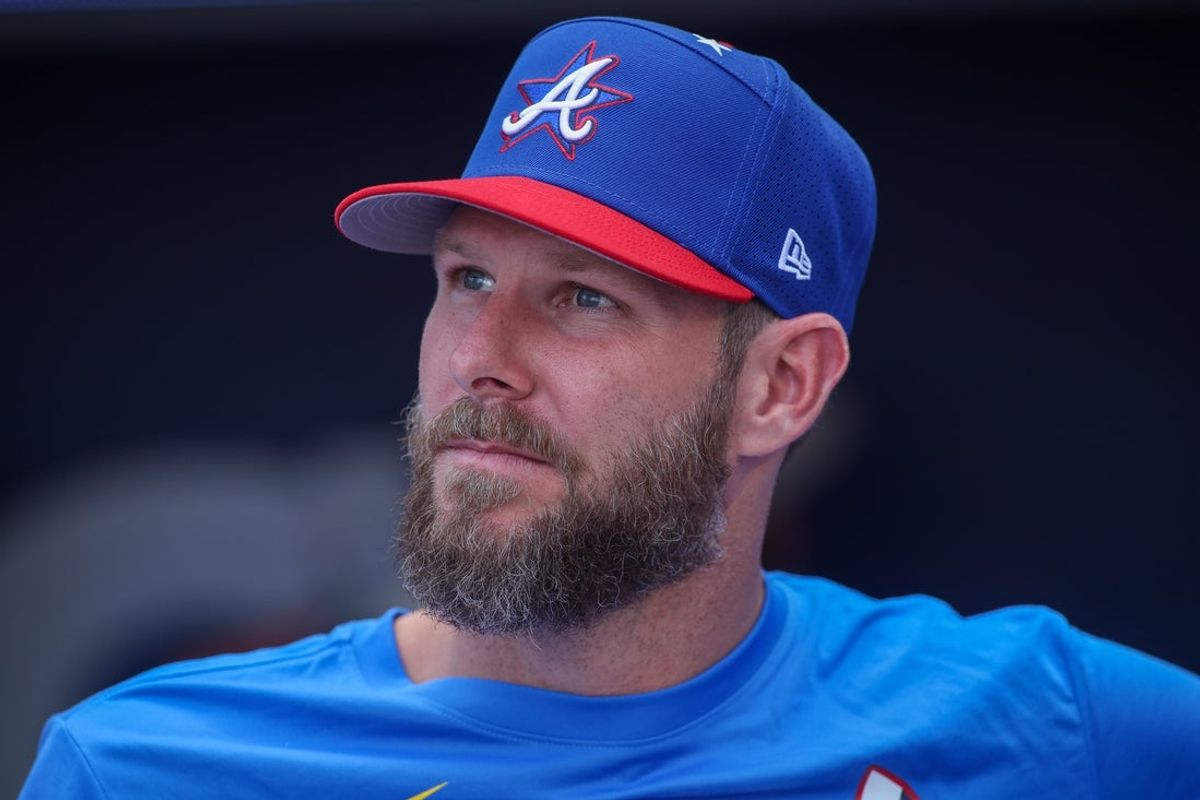 Jul 14, 2025; Atlanta, GA, USA; National League pitcher Chris Sale (51) of the Atlanta Braves during workouts before the 2025 MLB All Star Game at Truist Park. Mandatory Credit: Brett Davis-Imagn Images