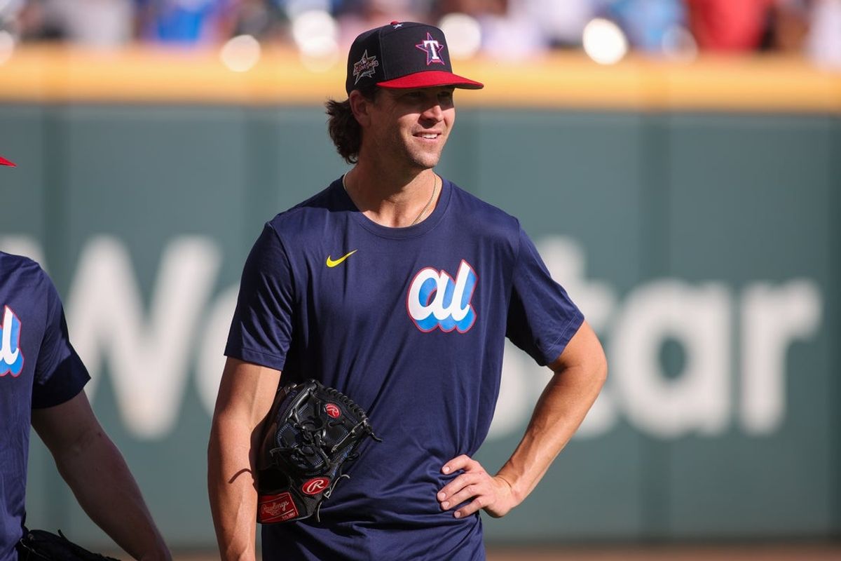 Jul 14, 2025; Atlanta, GA, USA; American League pitcher Jacob deGrom (48) of the Texas Rangers during workouts before the 2025 MLB All Star Game at Truist Park. Mandatory Credit: Brett Davis-Imagn Images