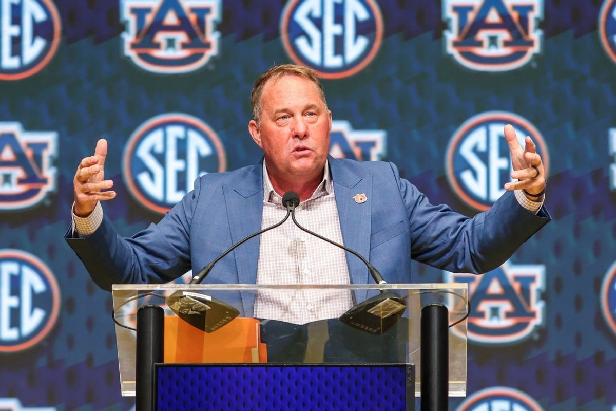 Jul 15, 2025; Atlanta, GA, USA; Auburn Tigers head coach Hugh Freeze talks to the media during SEC Media Days at Omni Atlanta Hotel. Mandatory Credit: Jordan Godfree-Imagn Images
