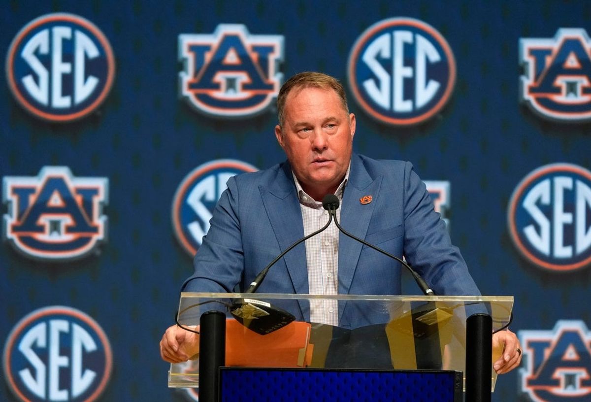 July 15, 2025; Atlanta, GA, USA; Auburn head coach Hugh Freeze speaks in the Main Media Room during SEC Media Days at the College Football Hall of Fame in Atlanta.