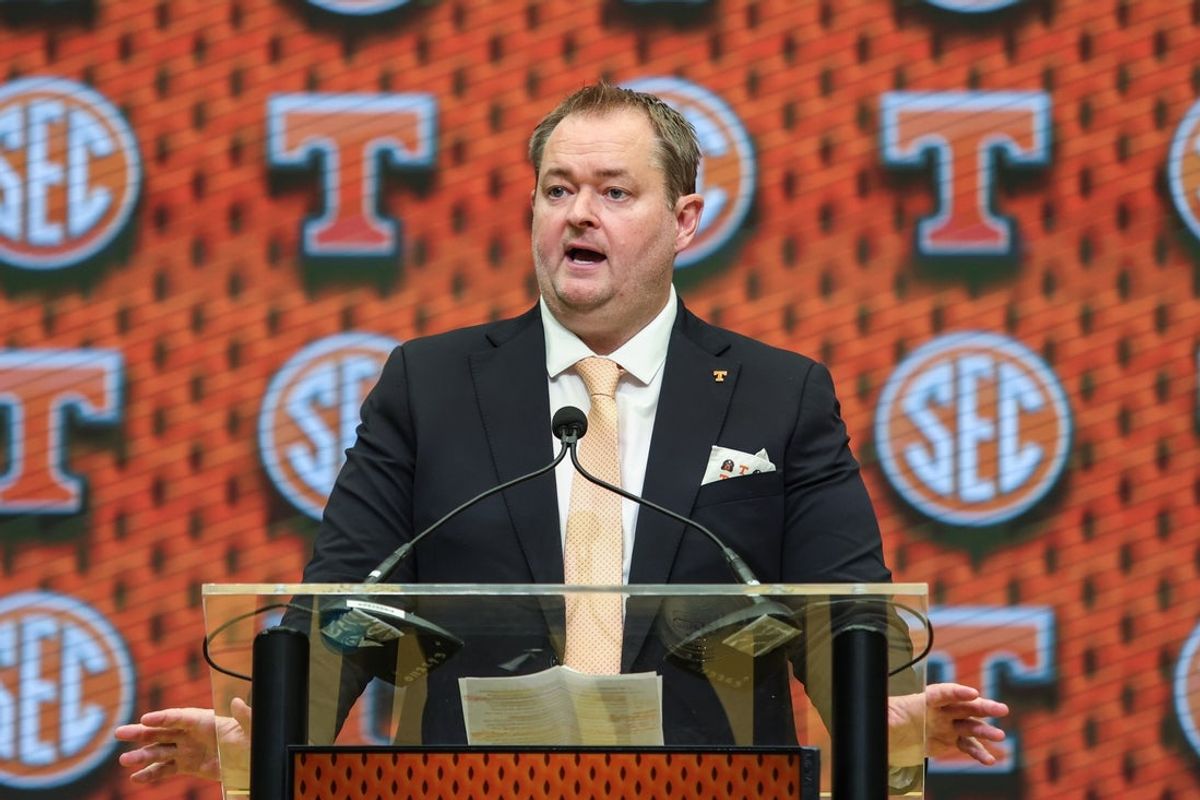 Jul 15, 2025; Atlanta, GA, USA; Tennessee Volunteers head coach Josh Heupel talks to the media during SEC Media Days at Omni Atlanta Hotel. Mandatory Credit: Jordan Godfree-Imagn Images